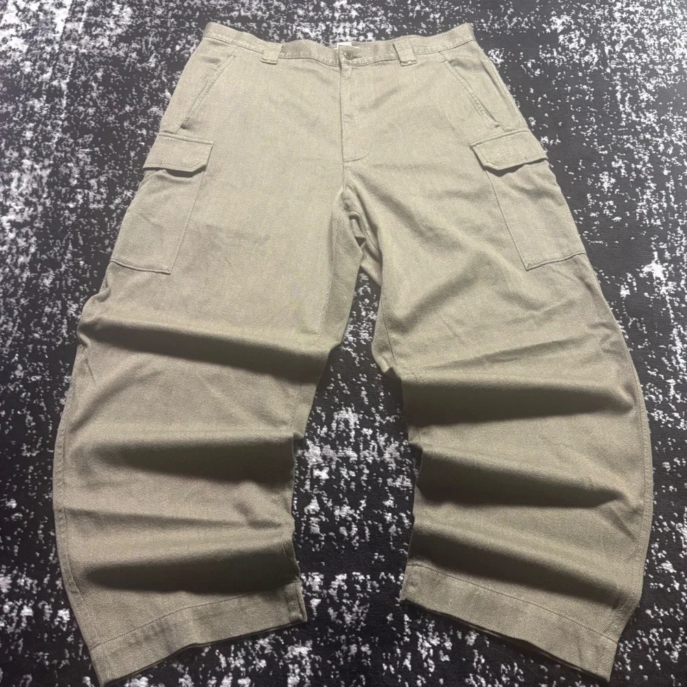 Vintage Structure Mens Olive Green Cargo Pants Wide Leg Cotton Twill 36x30